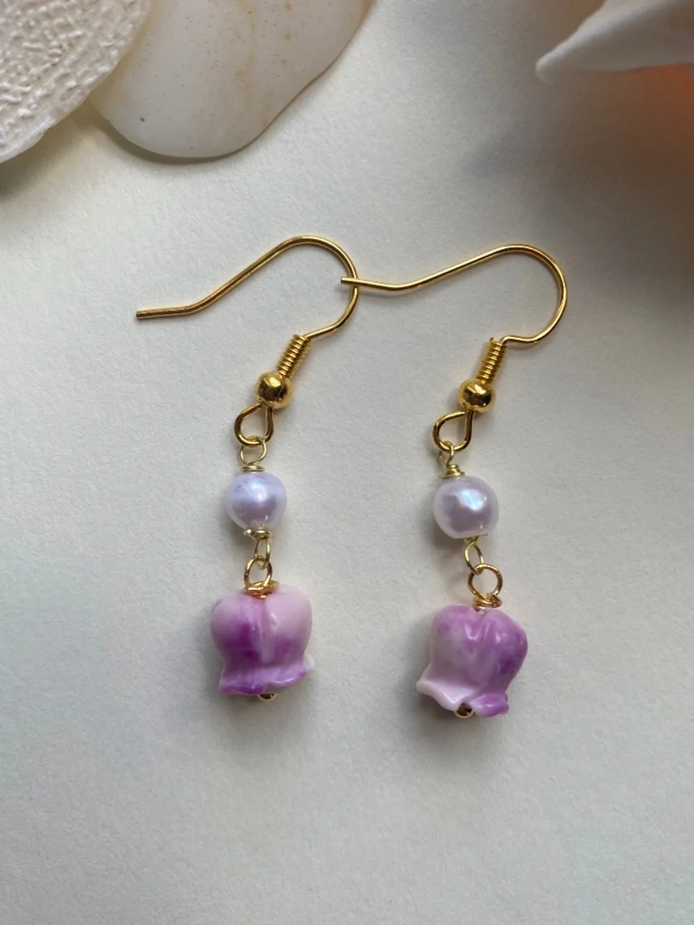 Handmade Hawaiian Style Earrings with Lavender Crown Flower & Freshwater Pearl